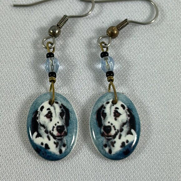 Dalmatian Dog Dangle Earrings Ceramic Blue Black White Beaded 2" Pet - Picture 5 of 9